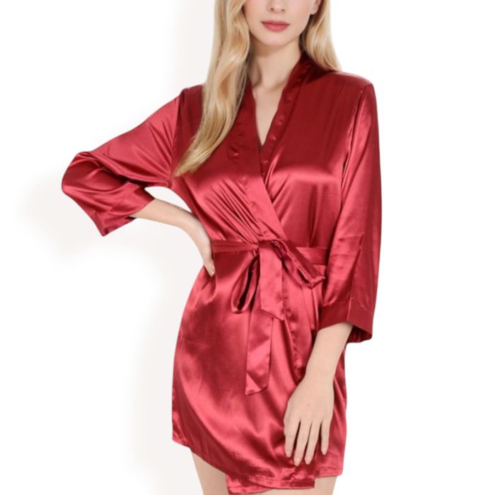 Women's Short Satin Robe with Waist Tie and Three-Quarter Sleeves