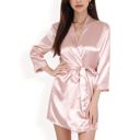 Pink Large Women's Short Satin Robe with Waist Tie and Three-Quarter Sleeves