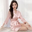 Pink Large Women's Short Satin Robe with Waist Tie and Three-Quarter Sleeves