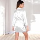 White Large Women's Short Satin Robe with Waist Tie and Three-Quarter Sleeves