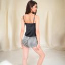 Black Large Women's Satin Pajama Set with Lace Trim Cami and Striped Drawstring Shorts