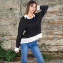 Black Medium Women's V-Neck Top with Lace Trim and Button Cuffs