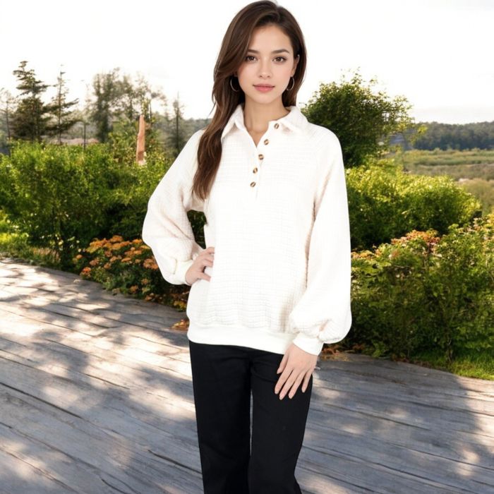 Women's Waffle Knit Pullover with Button-Down Collar and Balloon Sleeves