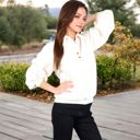 White Large Women's Waffle Knit Pullover with Button-Down Collar and Balloon Sleeves