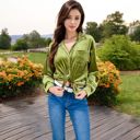 Green Large Velvet Long Sleeve Button-Up Shirt with Chest Pocket and Collared Neck