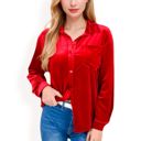 Red Large Velvet Long Sleeve Button-Up Shirt with Chest Pocket and Collared Neck