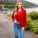 Red Large Velvet Long Sleeve Button-Up Shirt with Chest Pocket and Collared Neck