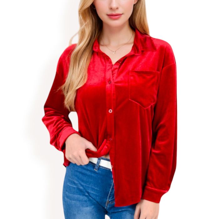 Velvet Long Sleeve Button-Up Shirt with Chest Pocket and Collared Neck