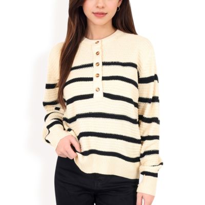 Women's Striped Waffle Knit Pullover with Button Down Collar - Medium, Light Beige