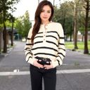 Beige Large Women's Striped Waffle Knit Pullover with Button Down Collar - Medium, Light Beige