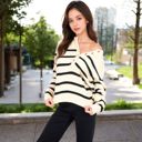 Beige Large Women's Striped Waffle Knit Pullover with Button Down Collar - Medium, Light Beige