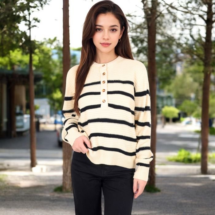 Women's Striped Waffle Knit Pullover with Button Down Collar - Medium, Light Beige