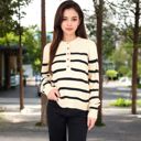 Beige Large Women's Striped Waffle Knit Pullover with Button Down Collar - Medium, Light Beige