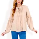  Long Sleeve Pleated Blouse with Lace Detail and Tie Neck