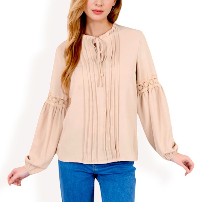 Long Sleeve Pleated Blouse with Lace Detail and Tie Neck