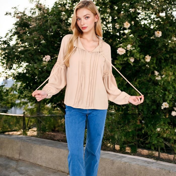 Long Sleeve Pleated Blouse with Lace Detail and Tie Neck