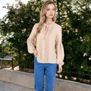 Beige Large Long Sleeve Pleated Blouse with Lace Detail and Tie Neck