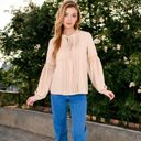 Beige Large Long Sleeve Pleated Blouse with Lace Detail and Tie Neck