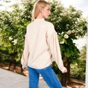 Beige Large Long Sleeve Blouse with Embroidered Front Detail and Stand Collar