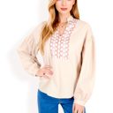 Beige Medium Long Sleeve Blouse with Embroidered Front Detail and Stand Collar