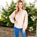 Beige Medium Long Sleeve Blouse with Embroidered Front Detail and Stand Collar