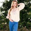 Beige Medium Long Sleeve Blouse with Embroidered Front Detail and Stand Collar