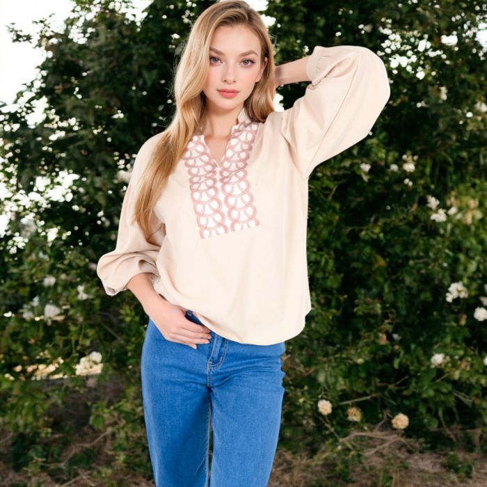 Long Sleeve Blouse with Embroidered Front Detail and Stand Collar