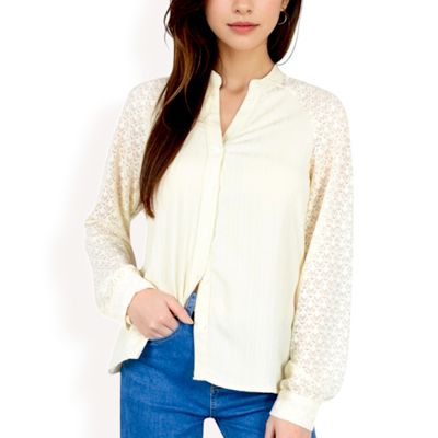 Lace Sleeve Button-Up Blouse with Stand Collar and Relaxed Fit