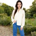 Beige Large Lace Sleeve Button-Up Blouse with Stand Collar and Relaxed Fit