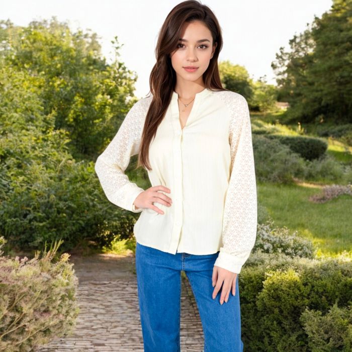 Lace Sleeve Button-Up Blouse with Stand Collar and Relaxed Fit