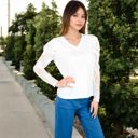 White Large V-Neck Top with Lace Long Sleeves and Relaxed Fit