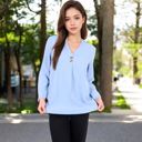 Blue Large Women's V-Neck Blouse with Button Detail and Rolled Sleeves