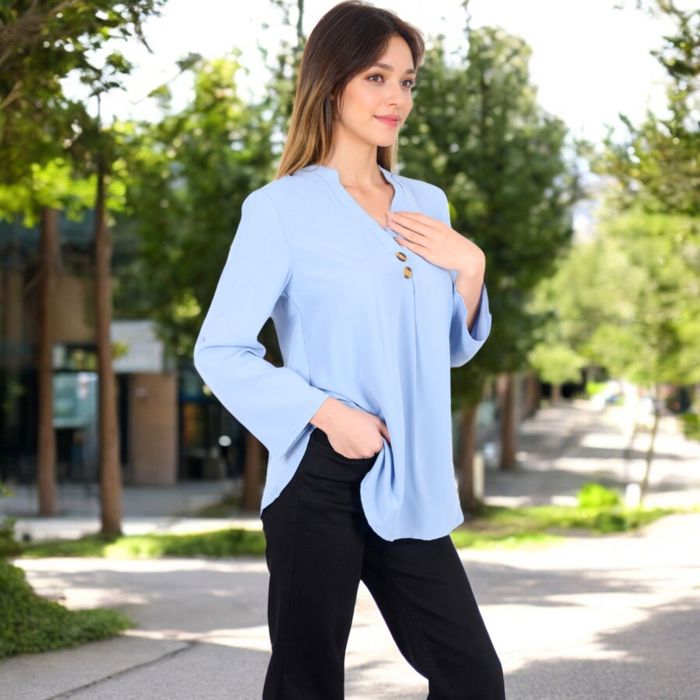 Women's V-Neck Blouse with Button Detail and Rolled Sleeves