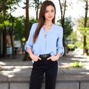 Blue Large Women's V-Neck Blouse with Button Detail and Rolled Sleeves