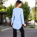 Blue Large Women's V-Neck Blouse with Button Detail and Rolled Sleeves