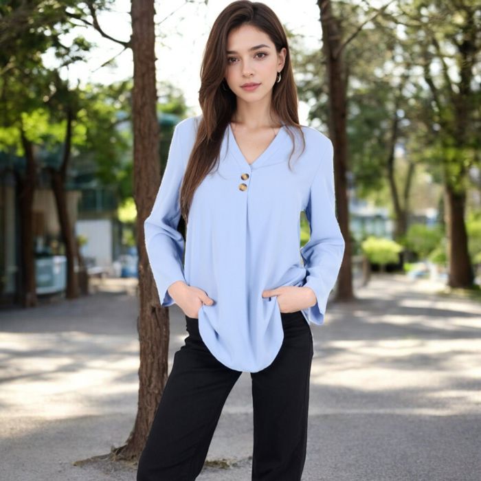 Women's V-Neck Blouse with Button Detail and Rolled Sleeves