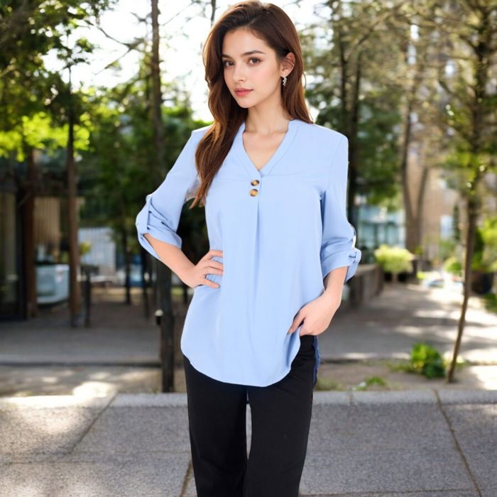 Women's V-Neck Blouse with Button Detail and Rolled Sleeves