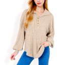 Beige Large Ribbed Knit Collared Pullover with Henley Buttons and Front Pocket