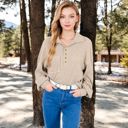 Beige Large Ribbed Knit Collared Pullover with Henley Buttons and Front Pocket