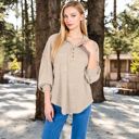 Beige Large Ribbed Knit Collared Pullover with Henley Buttons and Front Pocket