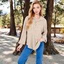 Beige Large Ribbed Knit Collared Pullover with Henley Buttons and Front Pocket