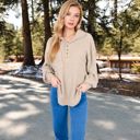 Beige Large Ribbed Knit Collared Pullover with Henley Buttons and Front Pocket