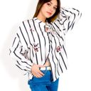  Striped Button-Up Shirt with Floral Embroidery and Balloon Sleeves