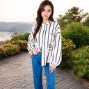 White Large Striped Button-Up Shirt with Floral Embroidery and Balloon Sleeves