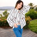 White Large Striped Button-Up Shirt with Floral Embroidery and Balloon Sleeves