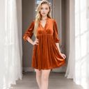 Brown Large Women's Velvet Dress with V-Neck and Long Sleeves