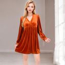 Brown Large Women's Velvet Dress with V-Neck and Long Sleeves