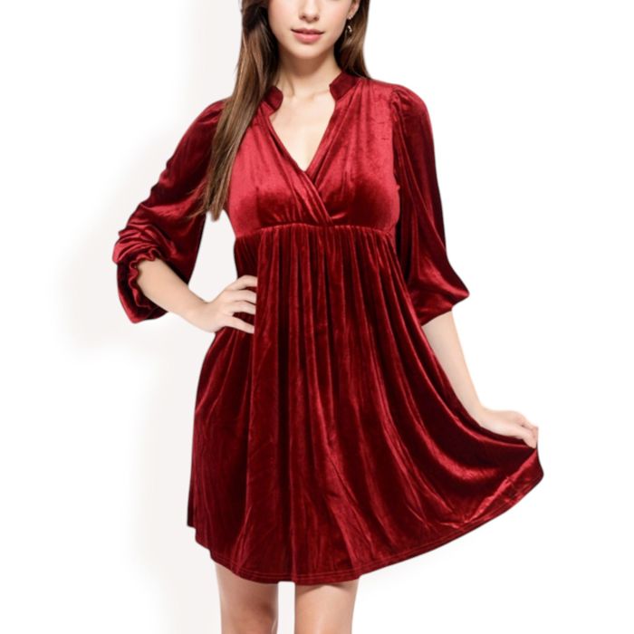 Women's Velvet Dress with V-Neck and Long Sleeves