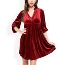 Red Large Women's Velvet Dress with V-Neck and Long Sleeves