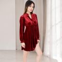 Red Large Women's Velvet Dress with V-Neck and Long Sleeves